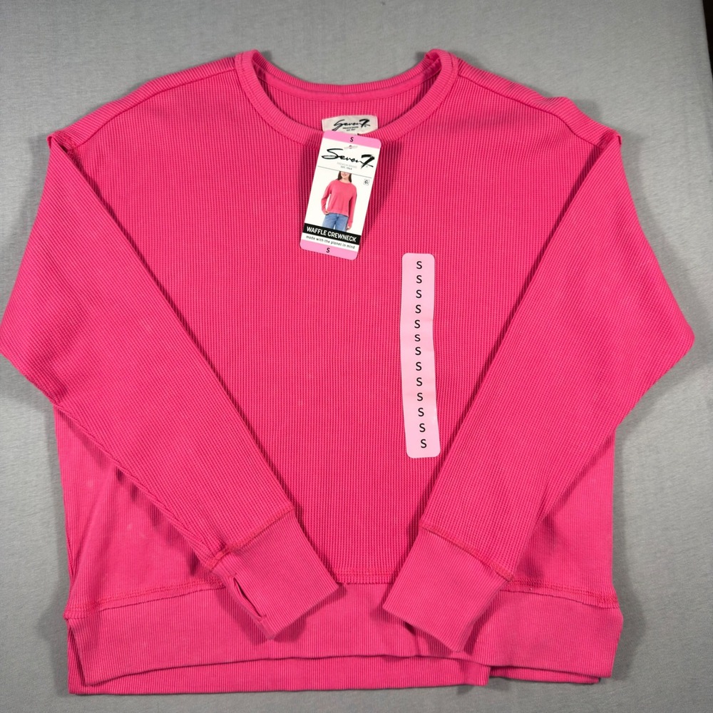 Seven7 Women Hot Pink Waffle Knit Crewneck Sweatshirt Thumbholes Small